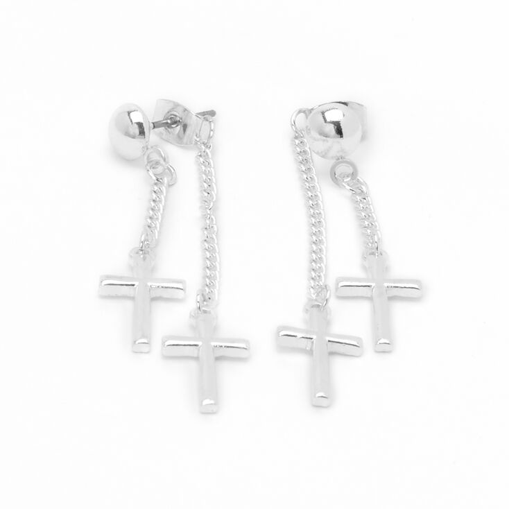 Silver 2&quot; Double Cross Drop Earrings,