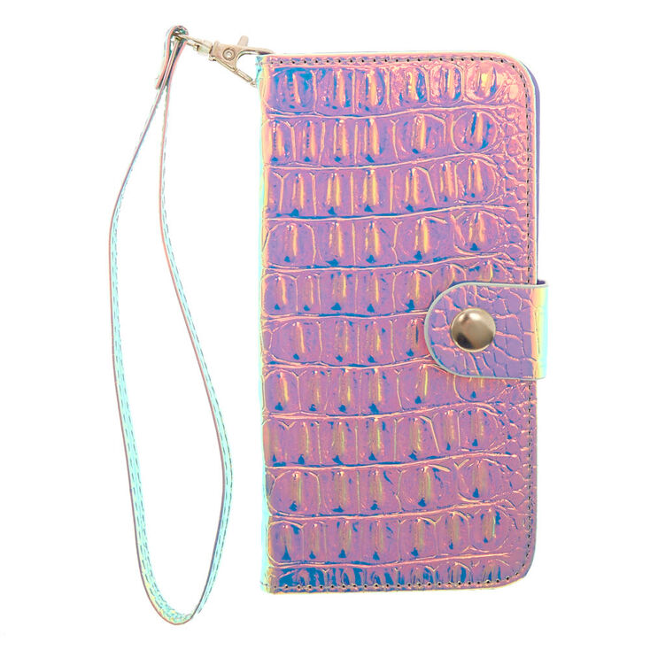 Holographic Crocodile Skin Folio Phone Case - Fits iPhone X/XS,