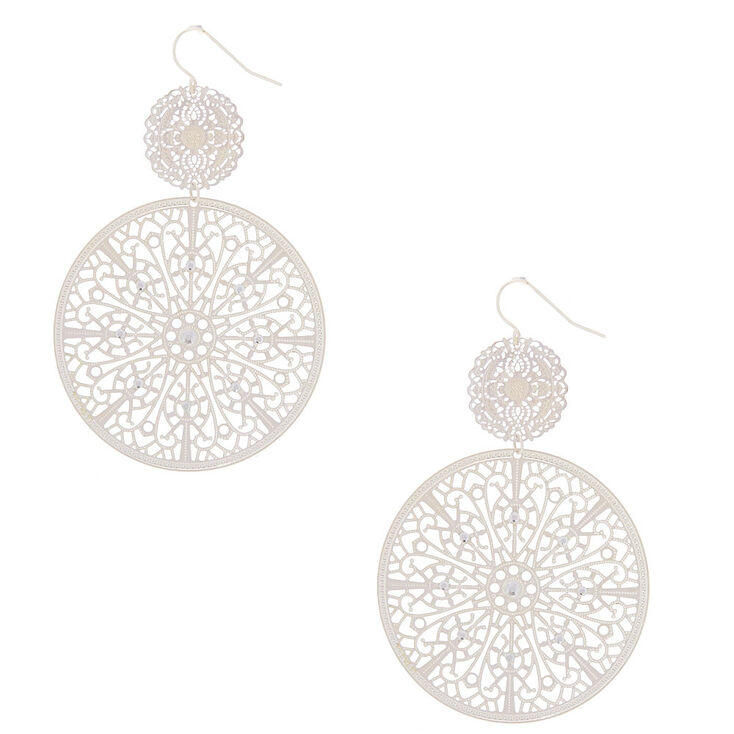 Silver 3" Circle Filigree Double Drop Earrings,