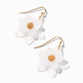 White Flower 1&quot; Gold Drop Earrings,