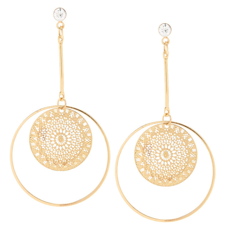 Gold Filigree Circle Drop Earrings,