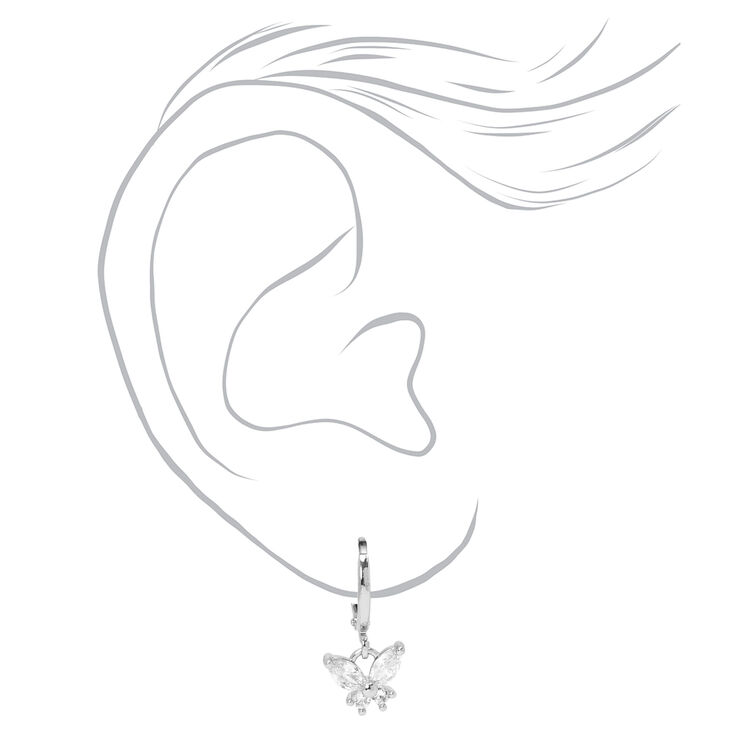 Silver Cubic Zirconia Butterfly Huggie Hoop Earrings,