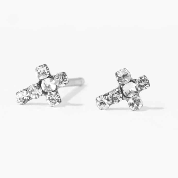 14kt White Gold Crystal Cross Studs Ear Piercing Kit with Ear Care Solution,