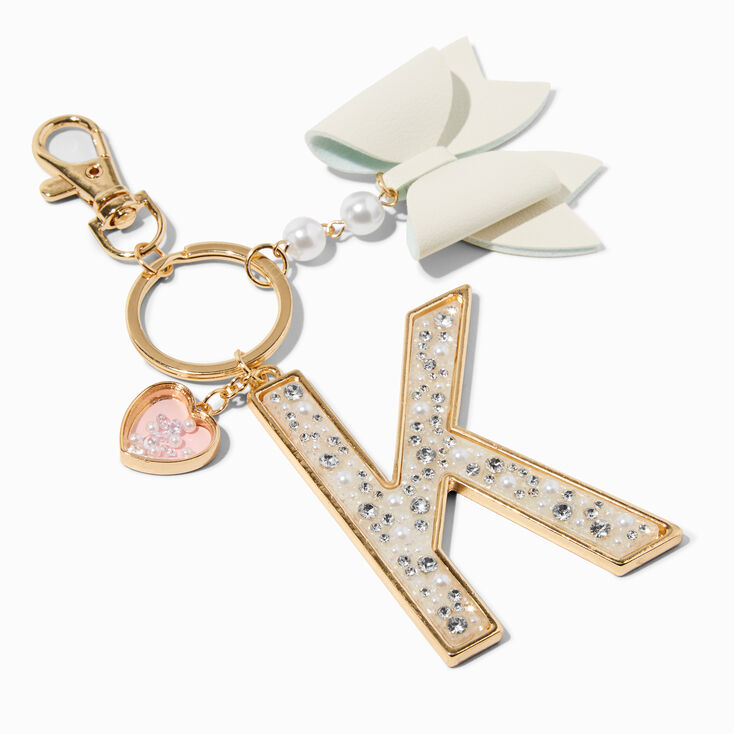 Pearl &amp; Crystal Gold-tone Initial Keychain - K,