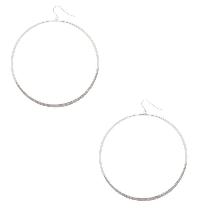 Silver 3" Glitter Large Hoop Drop Earrings - Silver,