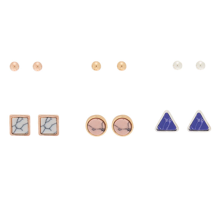 Mixed Metal Marble Stud Earrings - 6 Pack,