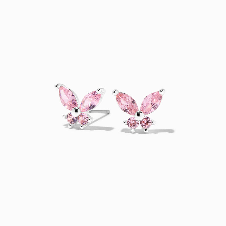 Pink Cubic Zirconia Silver Butterfly Stud Earrings,