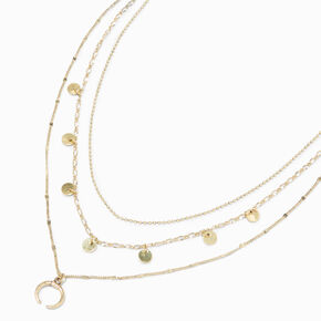 Gold Medallion Horn Multi Strand Choker Necklace,
