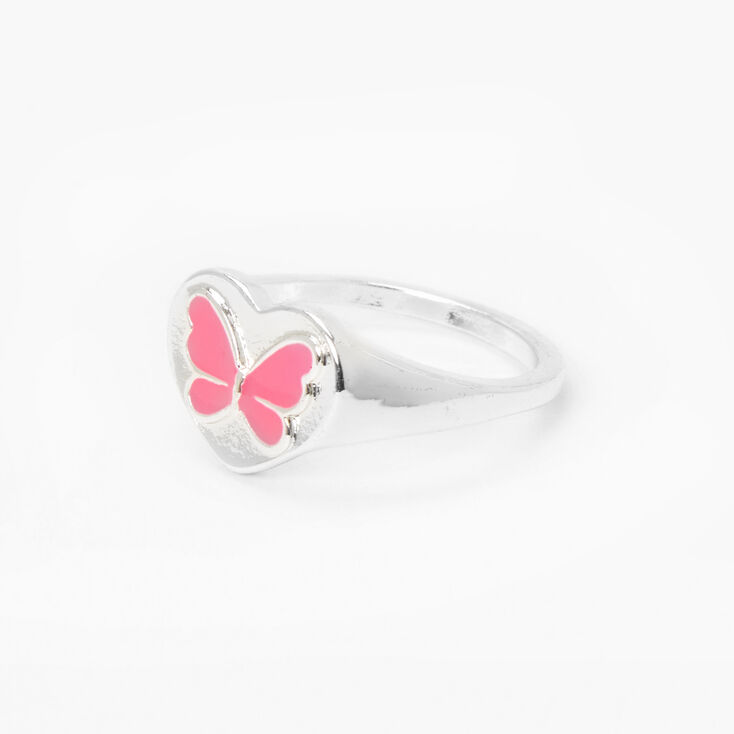 Silver Butterfly Heart Ring - Pink,