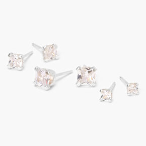 Sterling Silver Cubic Zirconia Square Stud Earrings - 3MM, 4MM, 5MM,