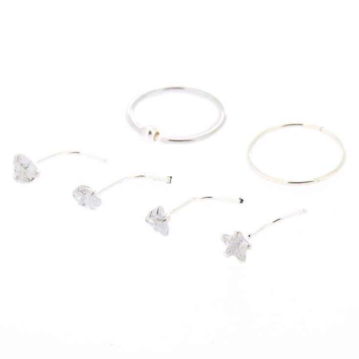 Sterling Silver Cubic Zirconia Mixed Shape Nose Rings - 6 Pack,