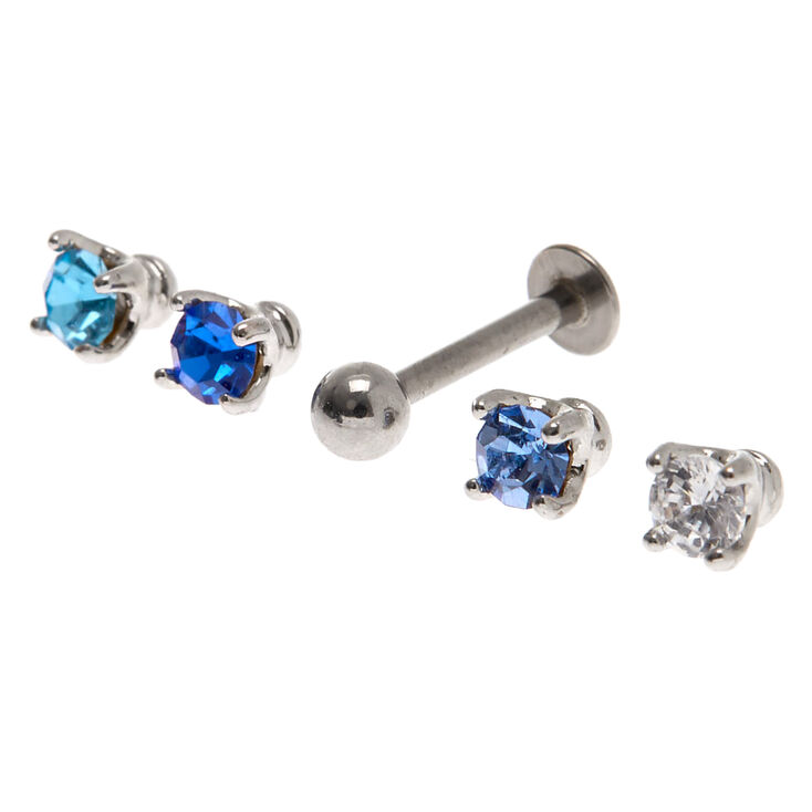 Silver Multi Crystal Changeable Flat Back Tragus Earrings - Blue, 5 Pack,