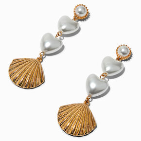Heart Pearl &amp; Gold-tone Seashell 3&quot; Drop Earrings,