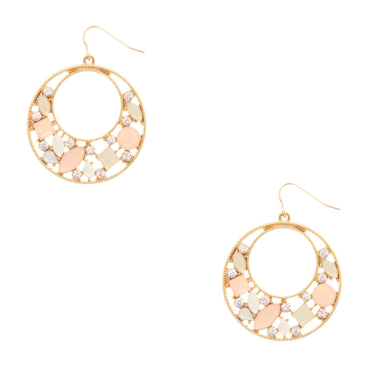 Pastel Stone & Scalloped Gold Disc Drop Earrings,