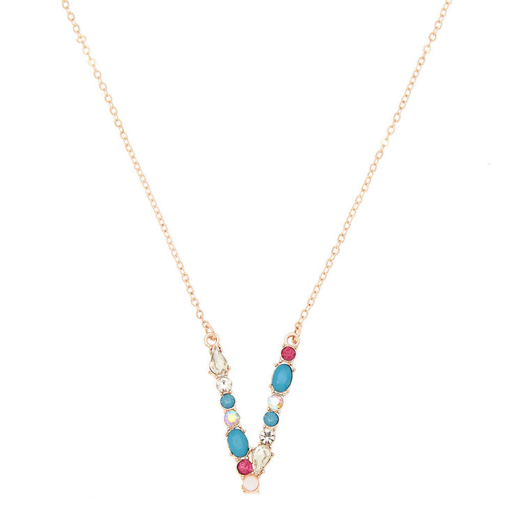 Embellished Long Initial Pendant Necklace - V,