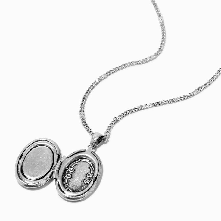Burnished Silver Butterfly Black Locket Pendant Necklace,