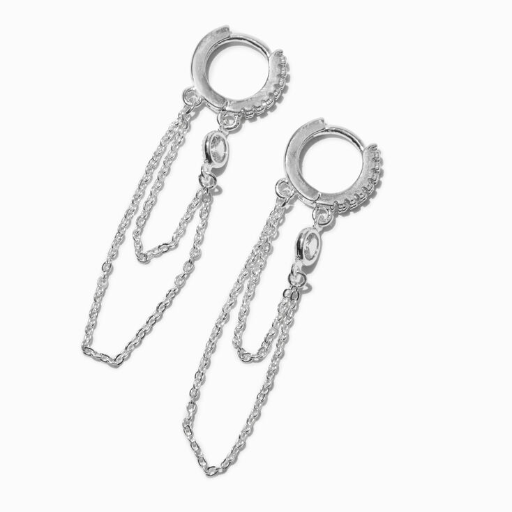 Silver-tone Cubic Zirconia 10MM Huggie Hoop Chain Earrings,