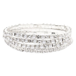 Silver Rhinestone &amp; Pearl Stretch Bracelets - 5 Pack,