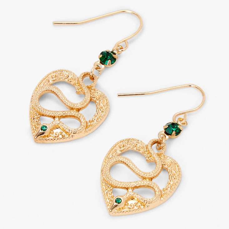 Gold 1.5&quot; Embellished Snake Heart Drop Earrings,