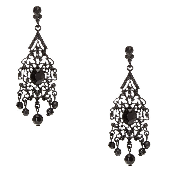 Jet Black Vintage Filigree Beaded Drop Earrings,