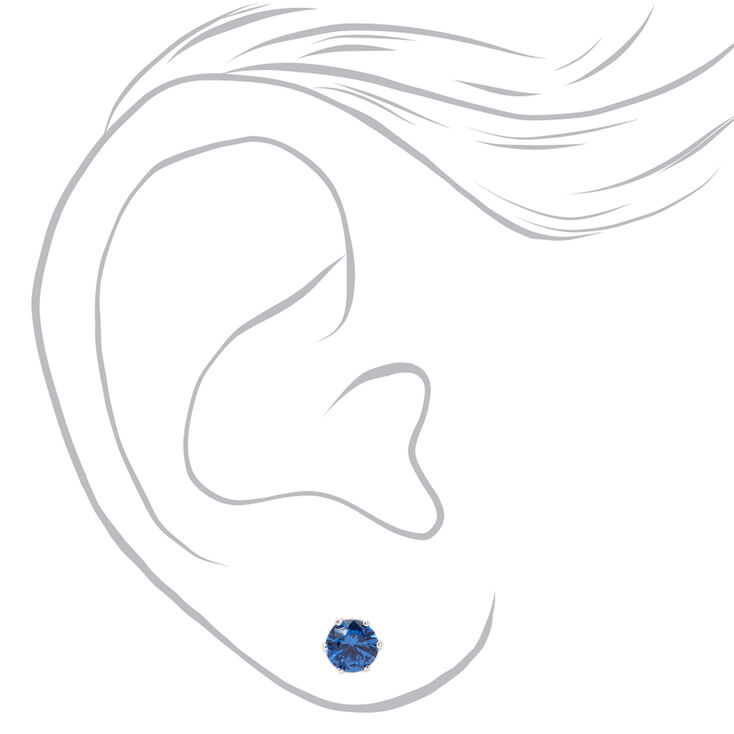 Silver Cubic Zirconia Round Stud Earrings - Blue, 5MM,