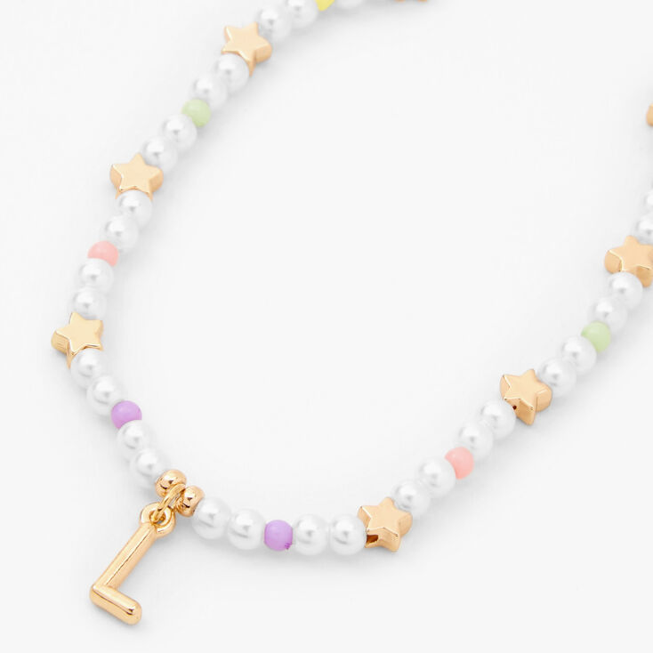 Gold Star &amp; Pastel Pearl Initial Pendant Necklace - L,