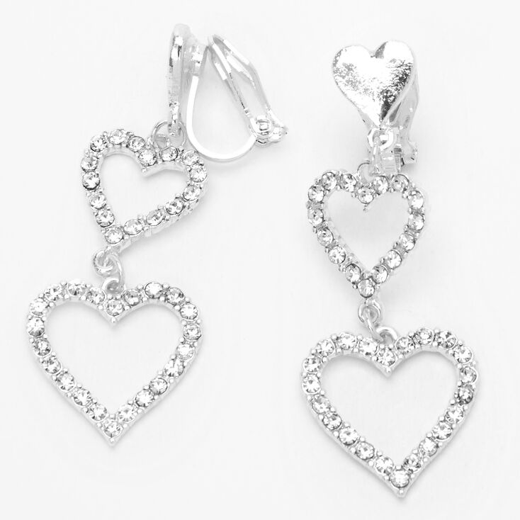 Silver 1.5&quot; Triple Heart Clip On Drop Earrings,