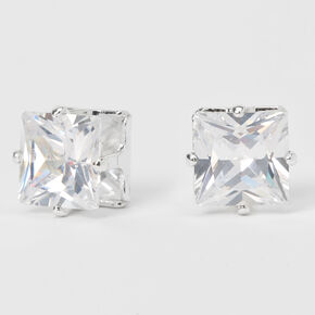 Silver Cubic Zirconia Square Magnetic Stud Earrings - 8MM,