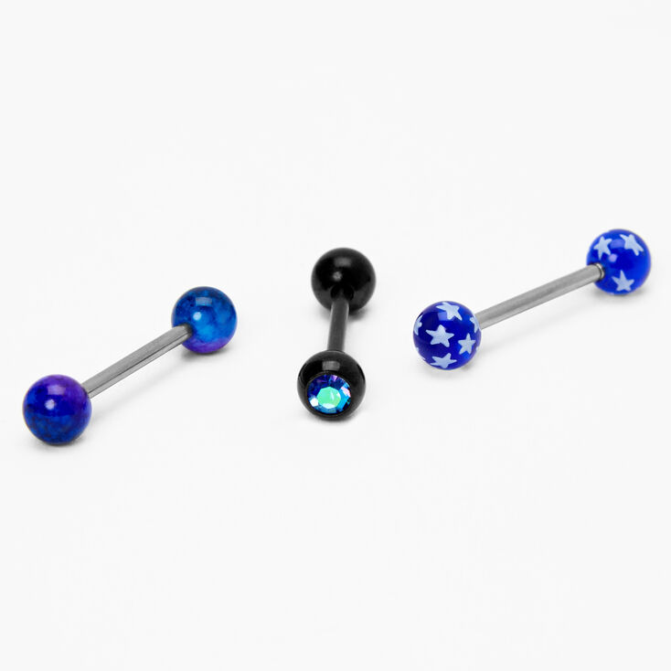 Silver 14G Solid Star Tongue Rings - Blue, 3 Pack,