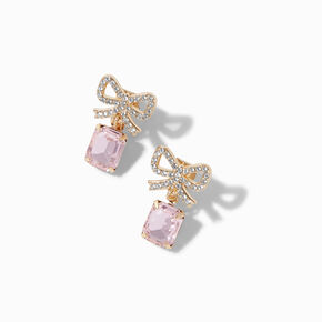 Gold-tone Pink Crystal Bow 1&quot; Clip-On Drop Earrings,