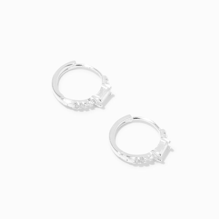 Sterling Silver 10MM Baguette Cubic Zirconia Huggie Hoop Earrings,