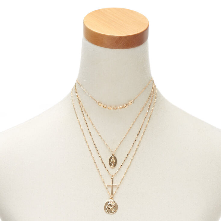 Gold Relic & Cross Multi Strand Necklace,