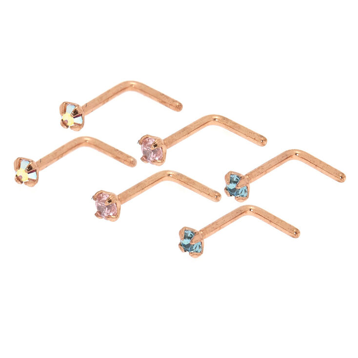 Rose Gold 20G Cubic Zirconia Pastel Nose Studs - 3 Pack,