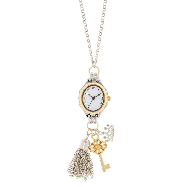 Silver Long Watch Charm Necklace,
