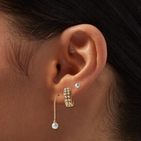 Gold-tone Pearl Threader Hoop Earrings Stackables Set - 3 Pack,