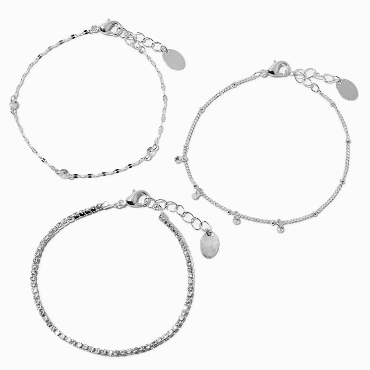 Silver-tone Stainless Steel Cubic Zirconia Bracelets - 3 Pack,