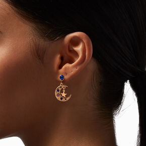 Gold 1&quot; Blue Crescent Moon Star Clip-On Drop Earrings,