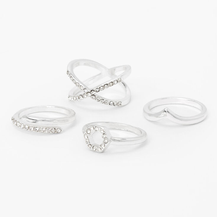 Silver Embellished Geometric Rings - 4 Pack,