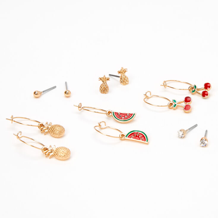 Gold Mixed Fruit Stud &amp; Hoop Earrings - Red, 6 Pack,