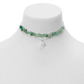 Silver Pearl &amp; Green Stone Choker Necklaces - 2 Pack,