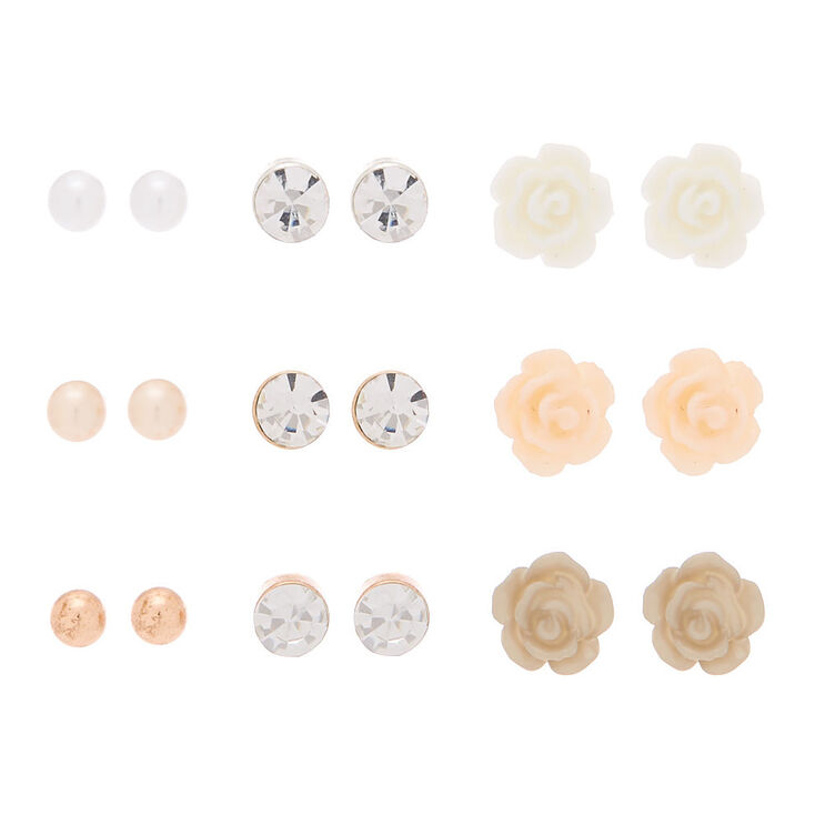 Mixed Metal Floral Stud Earrings - 9 Pack,