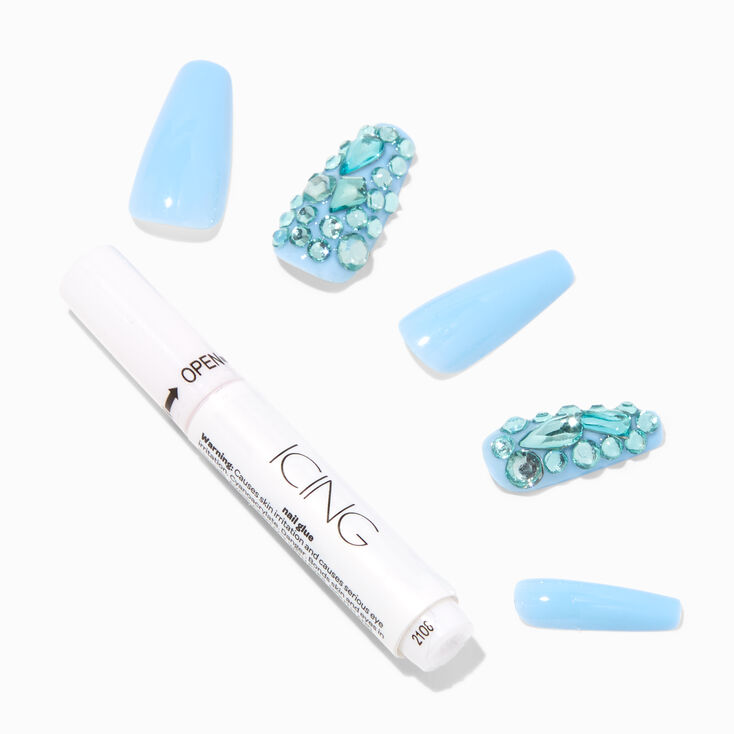 Blue Extra Bling Squareletto Vegan Faux Nail Set - 24 Pack,