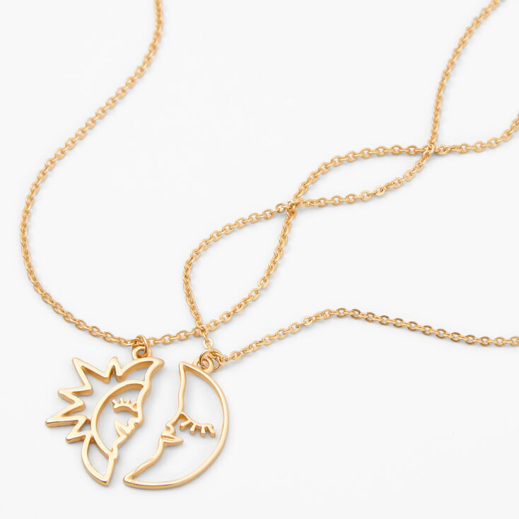 Gold Sun &amp; Crescent Moon Outline Pendant Necklaces - 2 Pack,