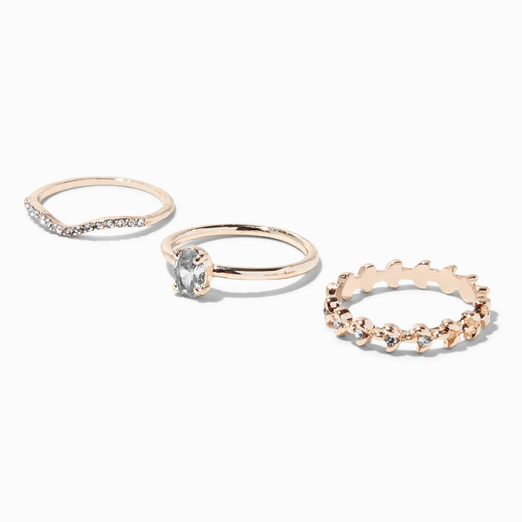 Rose Gold Cubic Zirconia Geometric Rings - 3 Pack,