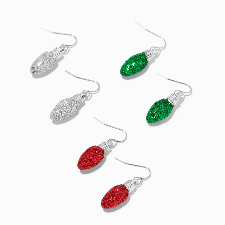 Glitter Christmas Lights 1&quot; Drop Earrings - 3 Pack,