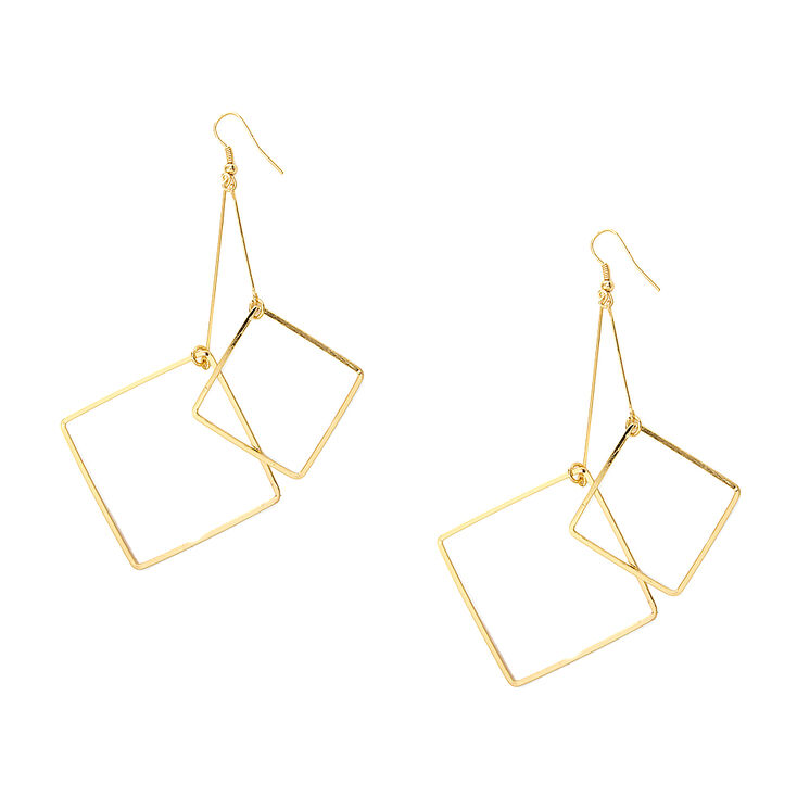 Gold Double Diamond Outline Drop Earrings,