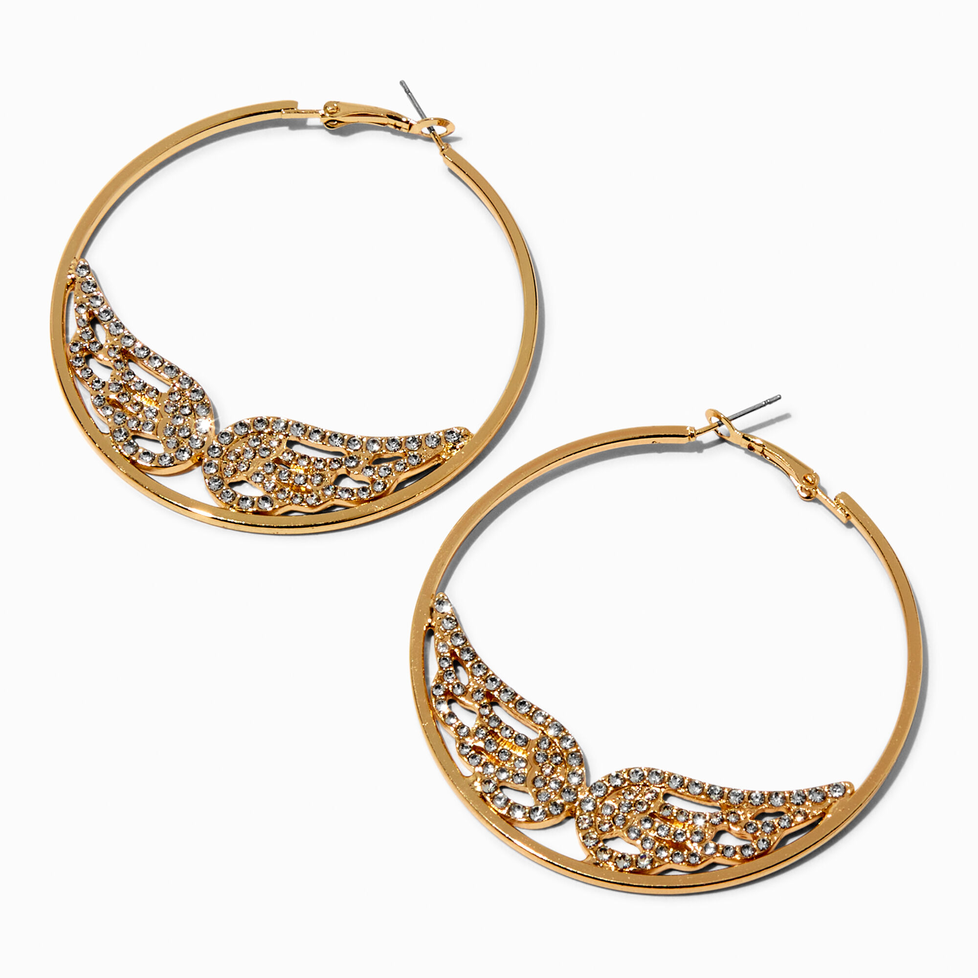 Gold tone Crystal Angel Wings 70MM Hoop Earrings