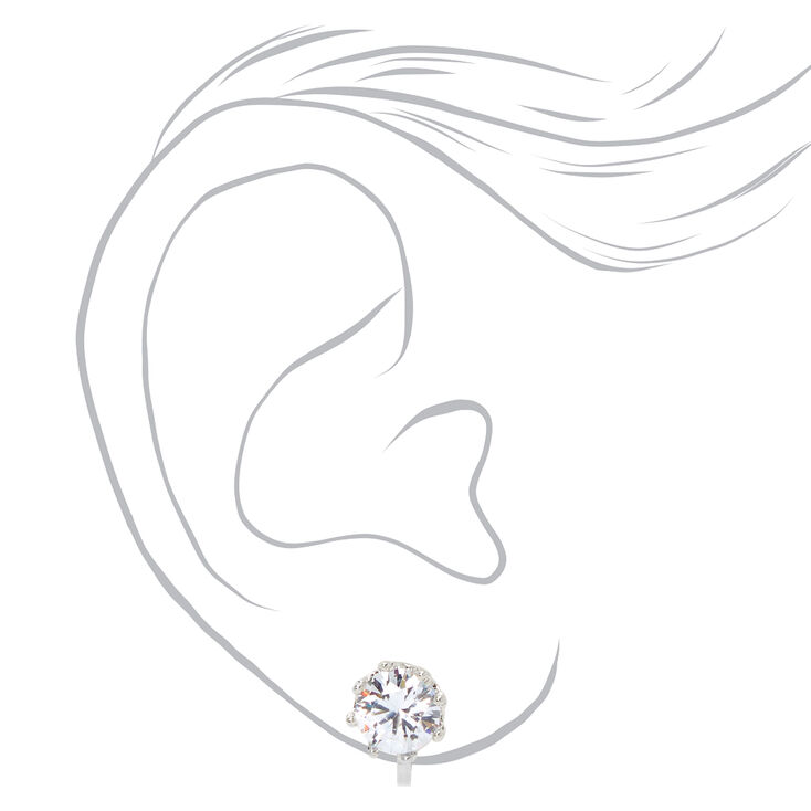 Silver Round Cubic Zirconia Clip On Stud Earrings - 8MM,