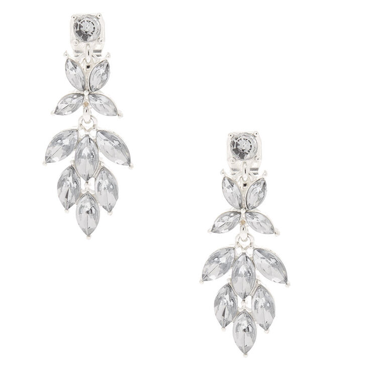 Silver 1.5" Crystal Petal Clip On Drop Earrings,