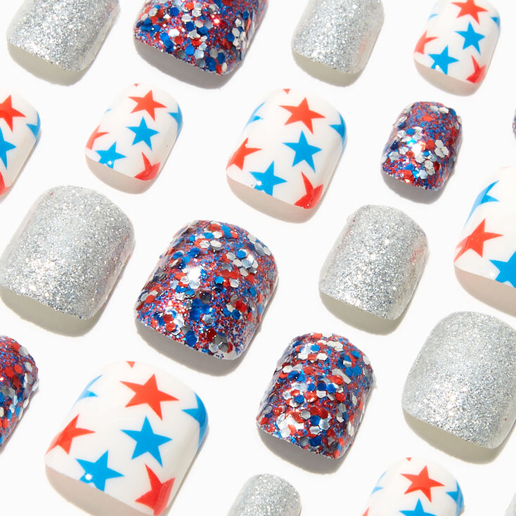 Stars &amp; Stripes Glittery Square Press On Faux Nail Set - 24 Pack,